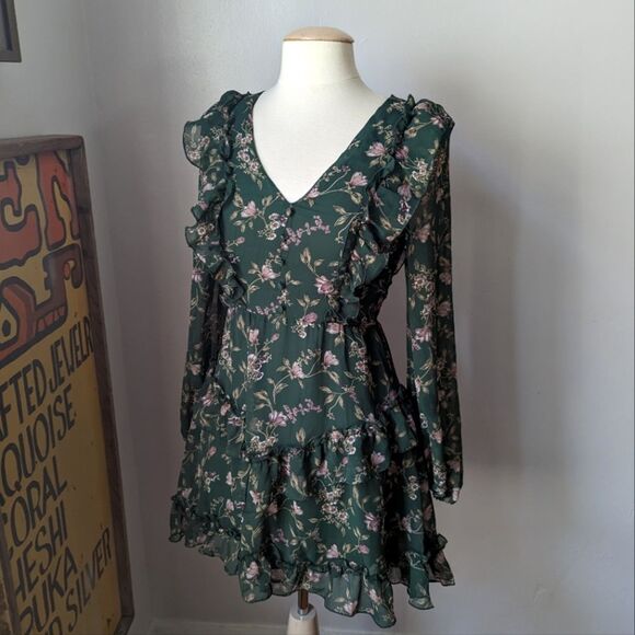 Long Sleeve Green Floral Ruffle Mini Dress Size 8 - Picture 2 of 6